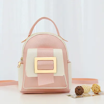 Women's Fashion Casual Color Block Metal Buckle Backpack PU Soft