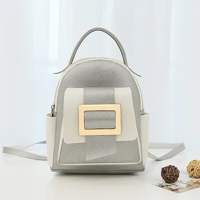 Women's Fashion Casual Color Block Metal Buckle Backpack PU Soft