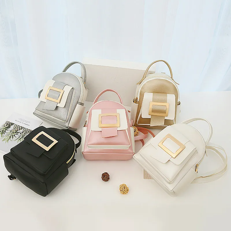 Women's Fashion Casual Color Block Metal Buckle Backpack PU Soft