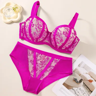 Women Plus Size Floral Printed Mesh Anti-Sagging Push-Up Bra Underpants Set