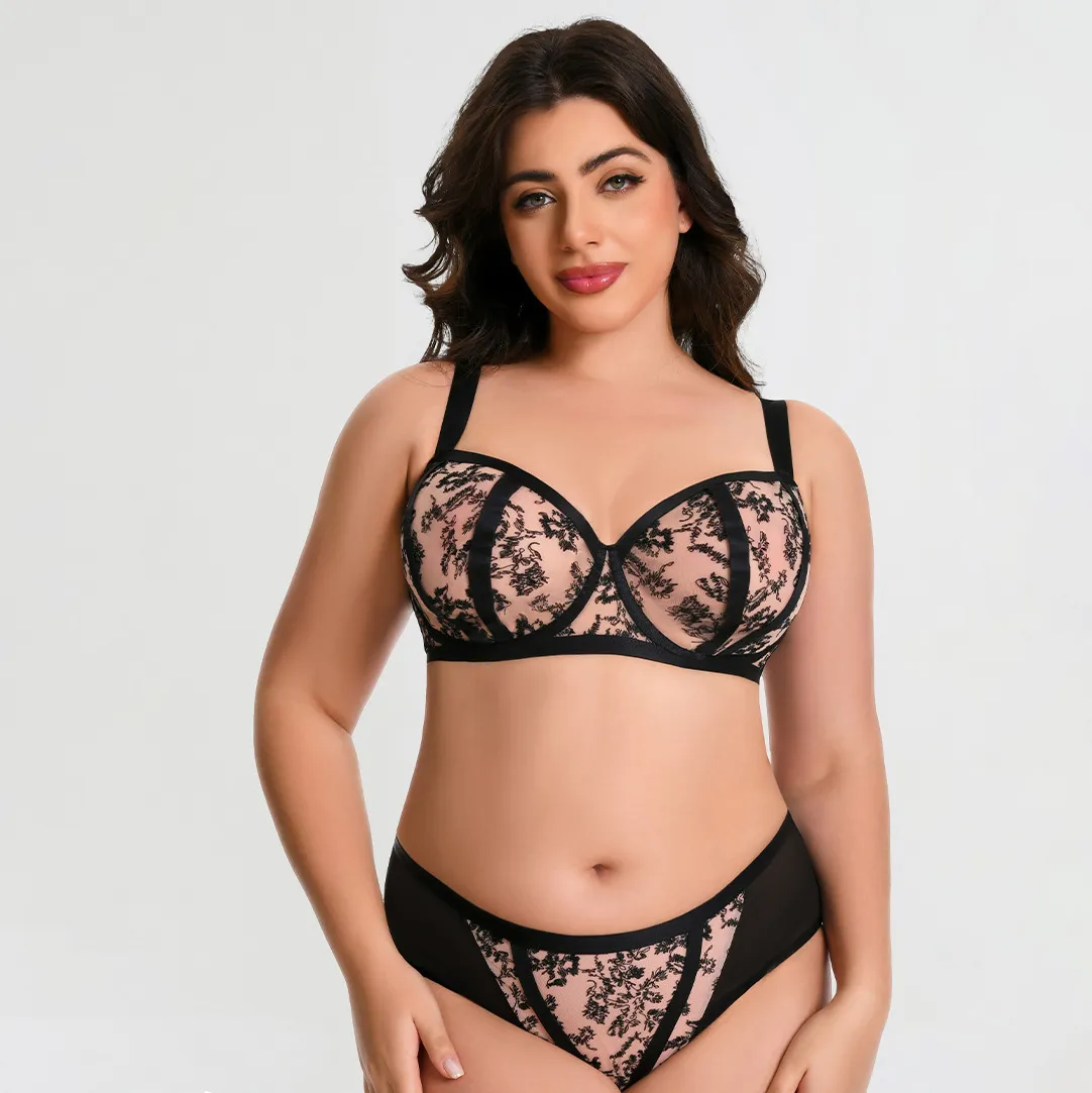 Women Plus Size Floral Printed Mesh Anti-Sagging Push-Up Bra Underpants Set