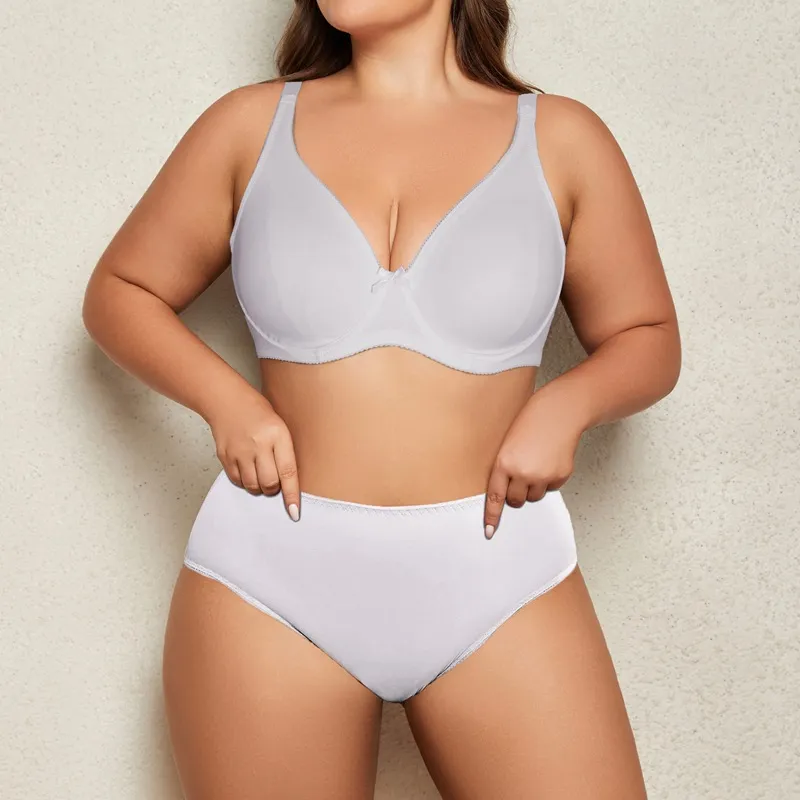 Women Plus Size Sexy Ultra-Thin Mold Cup Steel Ring Bra Underwear Set Solid Color