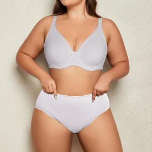 Women Plus Size Sexy Ultra-Thin Mold Cup Steel Ring Bra Underwear Set Solid Color
