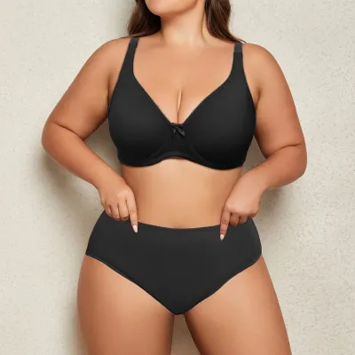 Women Plus Size Sexy Ultra-Thin Mold Cup Steel Ring Bra Underwear Set Solid Color