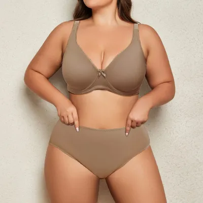 Women Plus Size Sexy Ultra-Thin Mold Cup Steel Ring Bra Underwear Set Solid Color