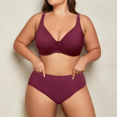Women Plus Size Sexy Ultra-Thin Mold Cup Steel Ring Bra Underwear Set Solid Color