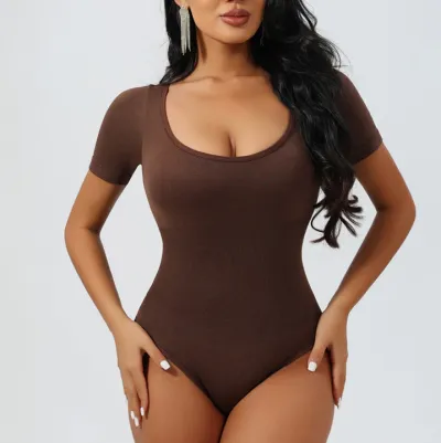 Women Fashion Sexy Solid Color Square Collar Short-Sleeve Seamless Shapewear Bodysuit