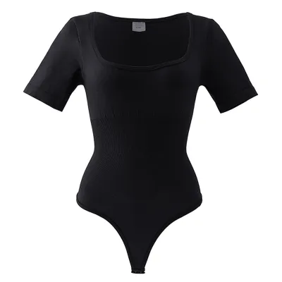 Women Fashion Sexy Solid Color Square Collar Short-Sleeve Seamless Shapewear Bodysuit