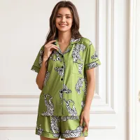 Conjunto de pijama de dos piezas para mujer, informal, con estampado de tigre, solapa, manga corta, pantalones cortos holgados