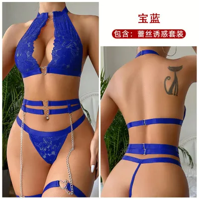 Women Solid Color Mesh Metal Love Chain Lingerie Set