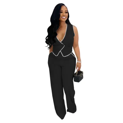 Women Fashion Casual Contrast Color V-Neck Button Tank Top Loose Pants Two-Piece Set