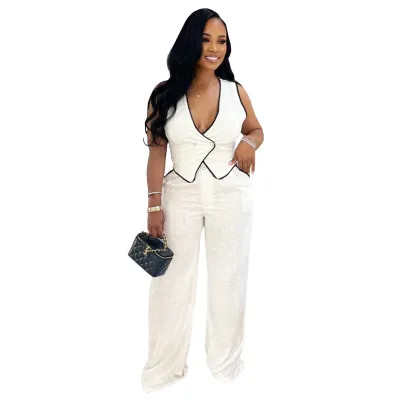 Women Fashion Casual Contrast Color V-Neck Button Tank Top Loose Pants Two-Piece Set