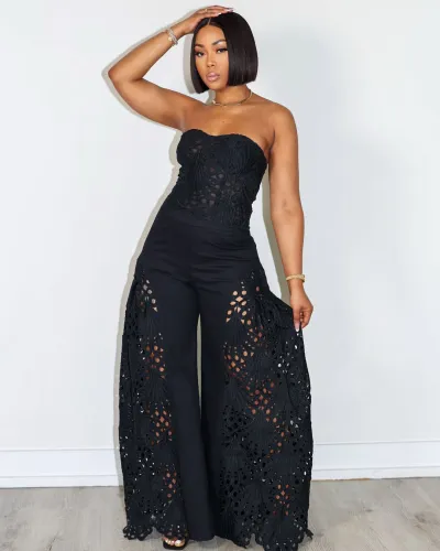 Women Fashion Sexy Solid Color Lace Tube Top Loose Pants Two-Piece Set