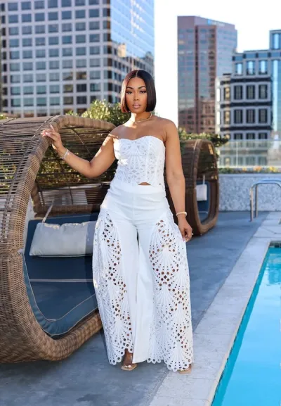 Women Fashion Sexy Solid Color Lace Tube Top Loose Pants Two-Piece Set