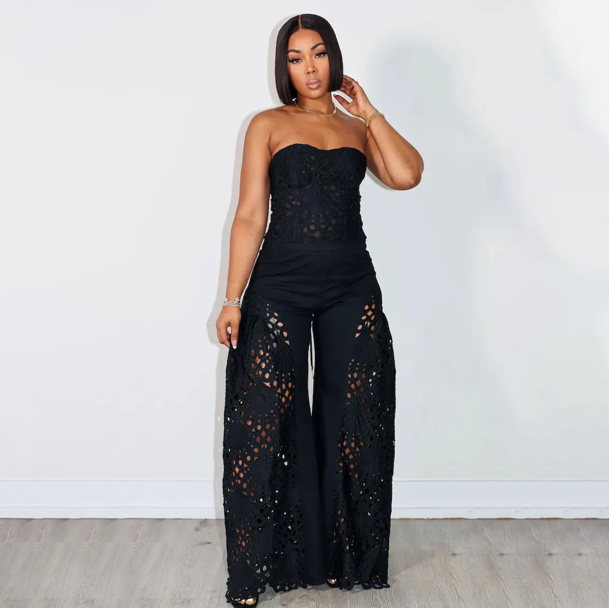 Women Fashion Sexy Solid Color Lace Tube Top Loose Pants Two-Piece Set