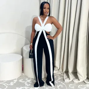 Women Fashion Sexy Contrast Color Halter-Neck Hollow-Out Wide Leg Jumpsuits