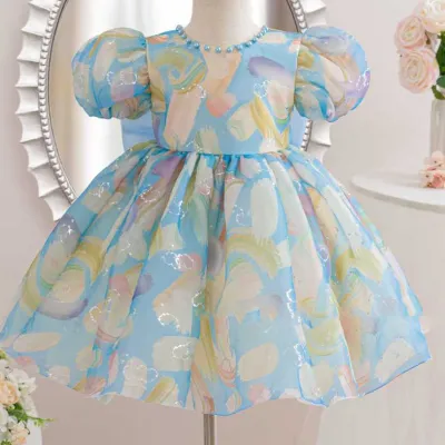 Kids Girls' Cute Mesh Puff Sleeve Bowknot Dress with Stripe Floral Dot Pattern