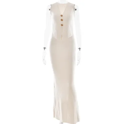 Women Fashion Elegant Solid Color Knitted V-Neck Tank Top Loose Skirt Two-Piece Set