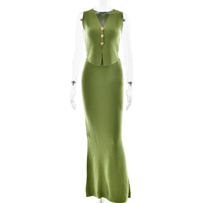 Women Fashion Elegant Solid Color Knitted V-Neck Tank Top Loose Skirt Two-Piece Set