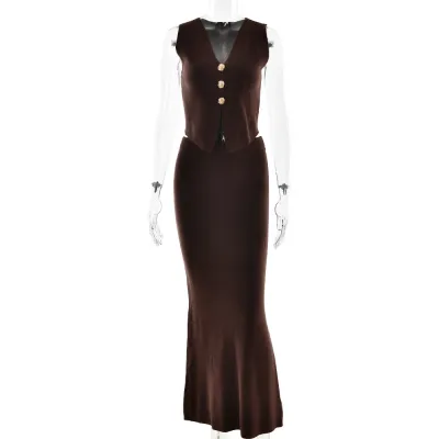 Women Fashion Elegant Solid Color Knitted V-Neck Tank Top Loose Skirt Two-Piece Set