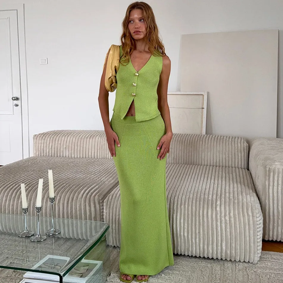 Women Fashion Elegant Solid Color Knitted V-Neck Tank Top Loose Skirt Two-Piece Set