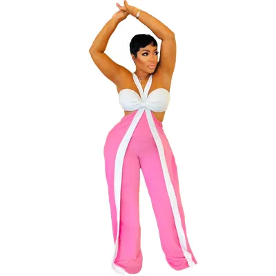Women Fashion Sexy Contrast Color Halter-Neck Sleeveless Wide Leg Pants