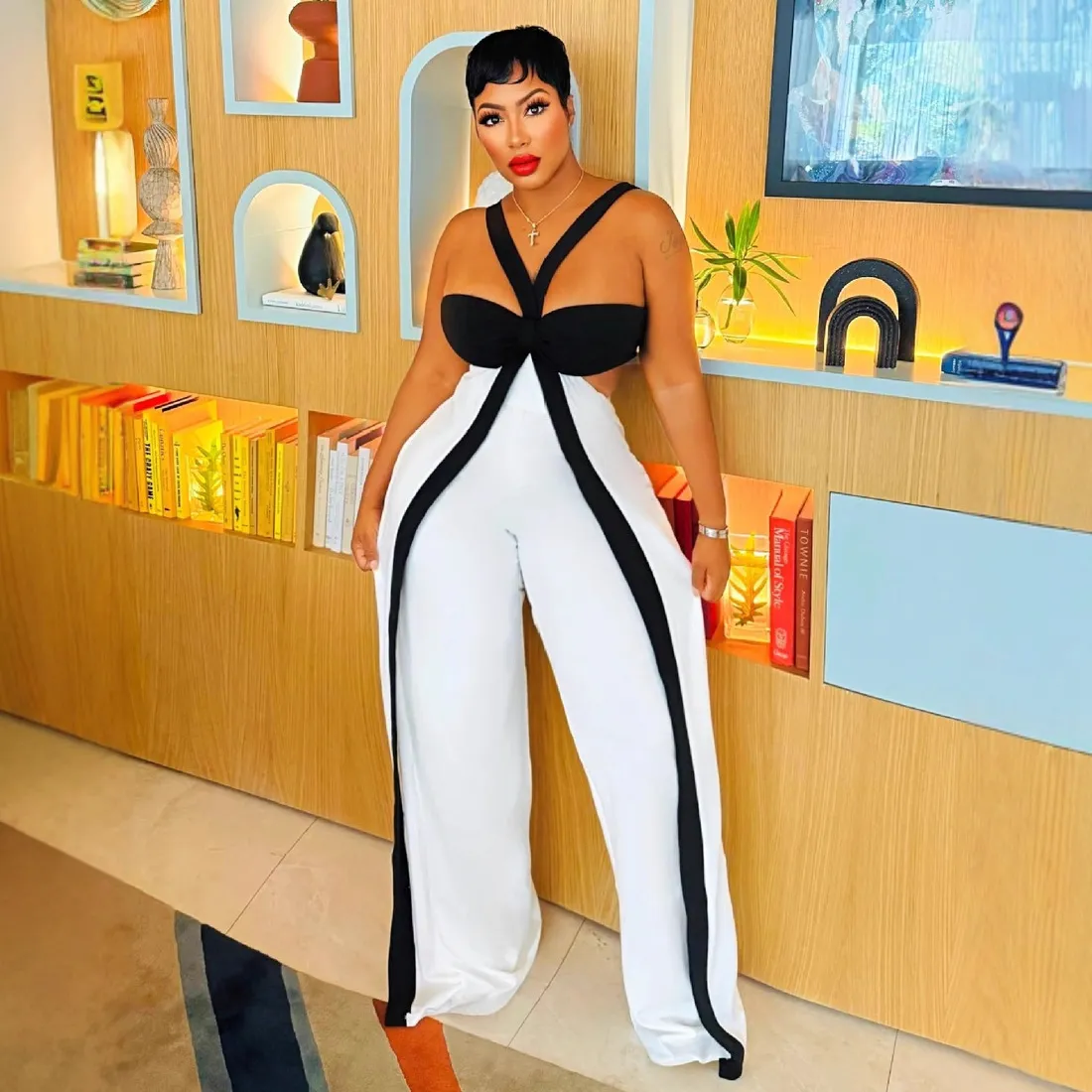 Women Fashion Sexy Contrast Color Halter-Neck Sleeveless Wide Leg Pants