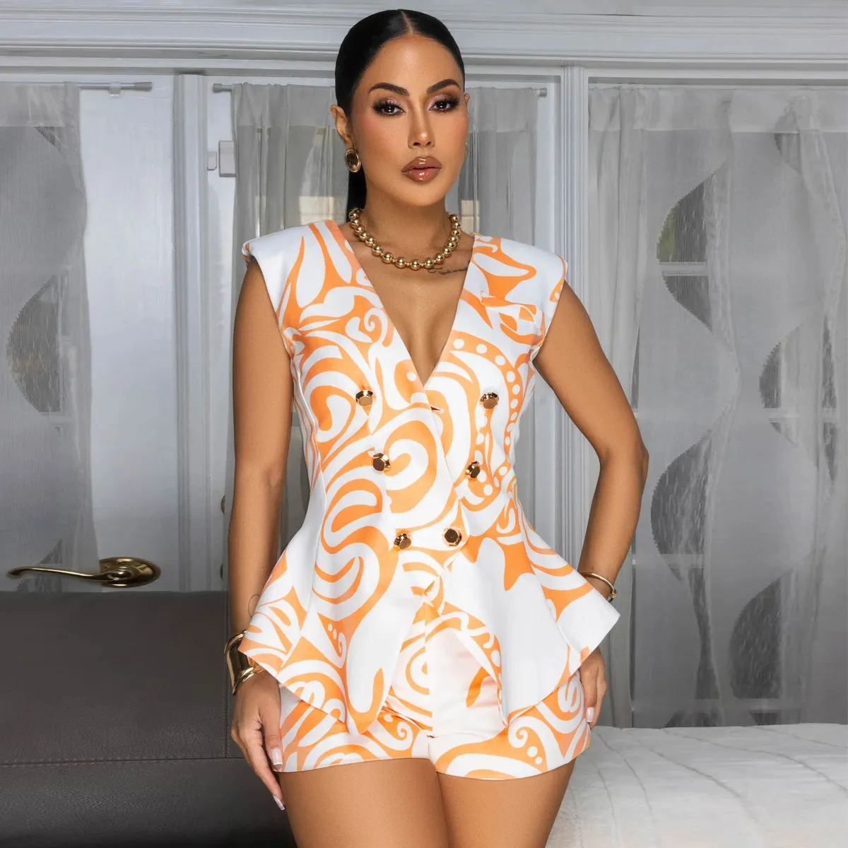 Women Fashion Sexy Printed V-Neck Sleeveless Tank Top Slim Fit Short Two-Piece Set