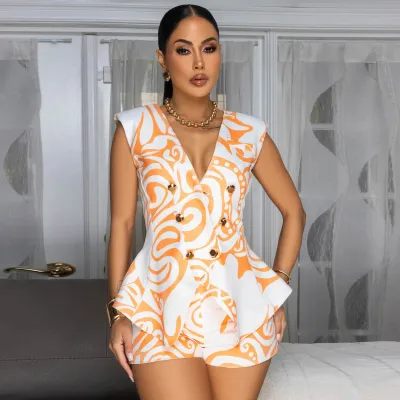 Women Fashion Sexy Printed V-Neck Sleeveless Tank Top Slim Fit Short Two-Piece Set