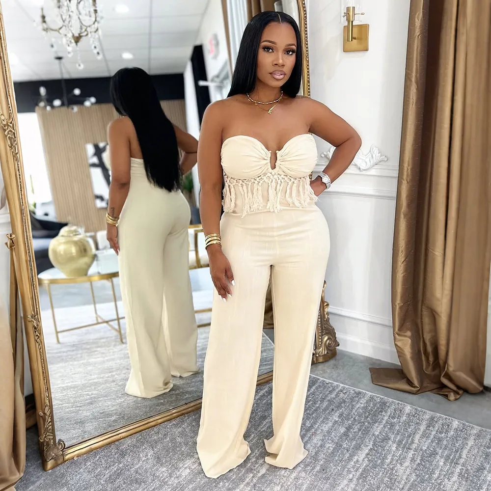 Women Fashion Solid Color Solid Color Tassel Tube Top Slim Fit P Jumpsuits