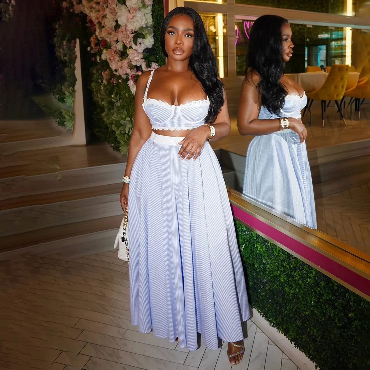 Women Fashion Sexy Stripe Lace Stitching Camisole High Waist Skirt Two-Piece Set