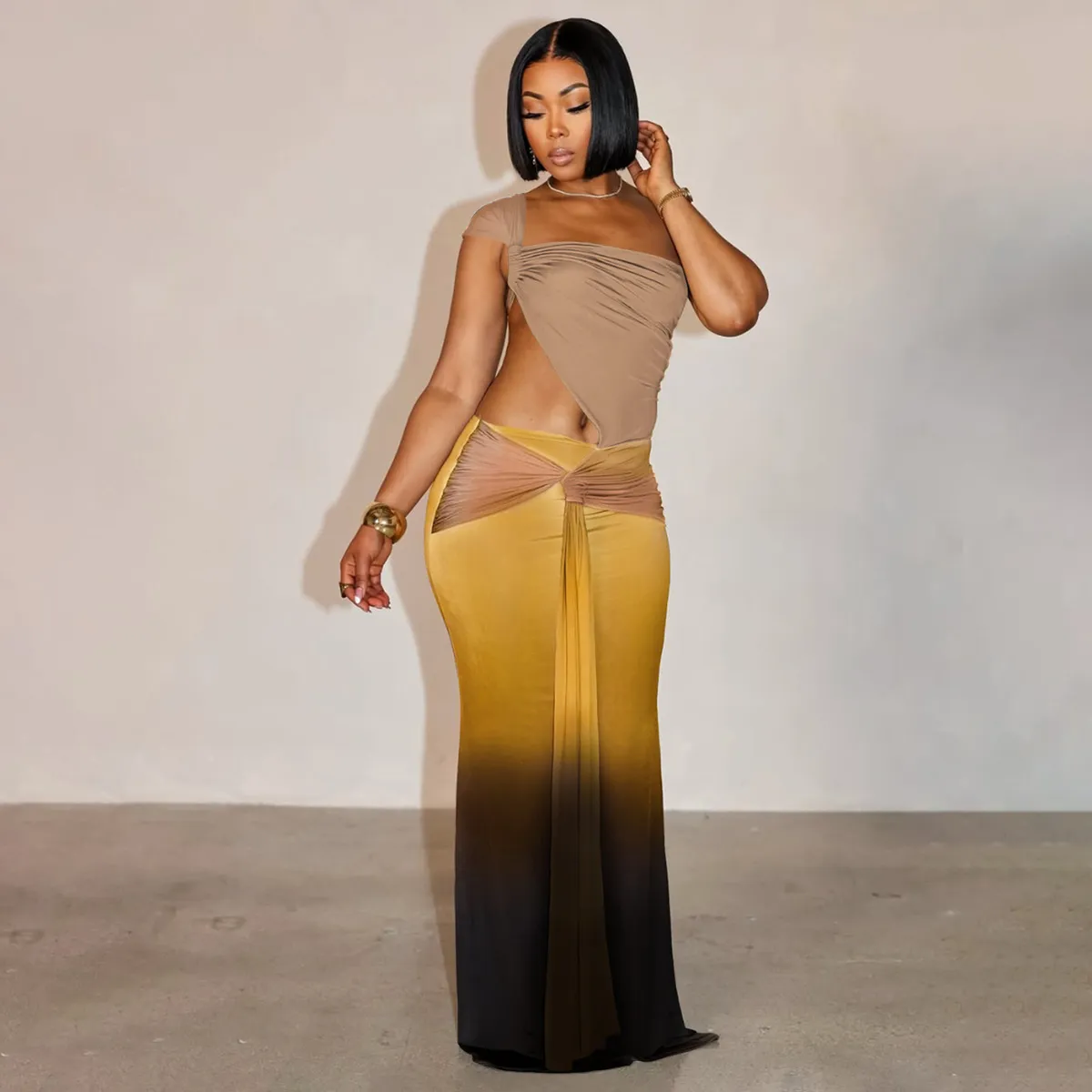 Women Fashion Sexy Gradient Off-The-Shoulder Hollow-Out Dress