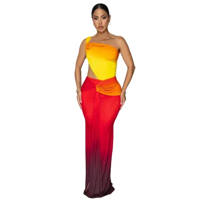 Women Fashion Sexy Gradient Off-The-Shoulder Hollow-Out Dress