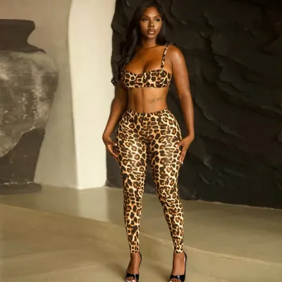 Women Fashion Sexy Leopard Print Camisole Tight Pants Two-Piece Set
