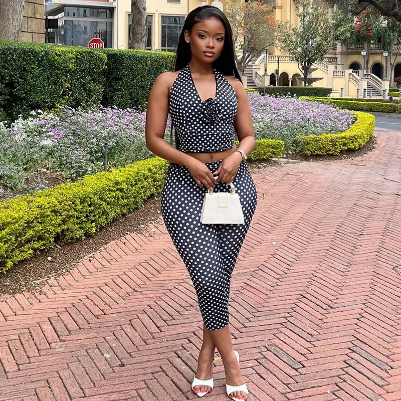 Women Fashion Sexy Polka Dot Print Halter-Neck Crop Top Tight Pants Two-Piece Set