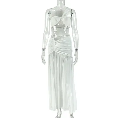 Women Fashion Sexy Solid Color One Shoulder Tube Top Split Skirts Two-Piece Set