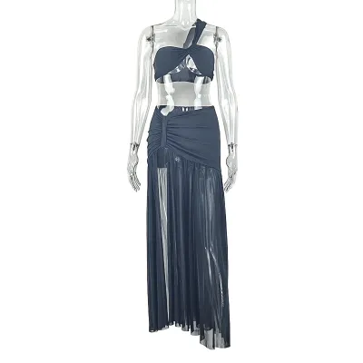 Women Fashion Sexy Solid Color One Shoulder Tube Top Split Skirts Two-Piece Set