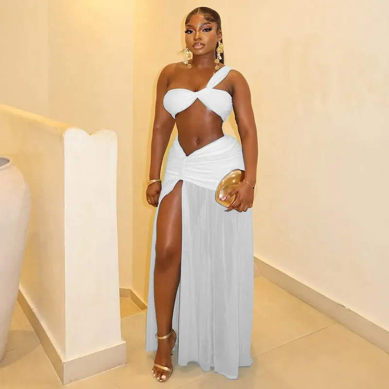 Women Fashion Sexy Solid Color One Shoulder Tube Top Split Skirts Two-Piece Set