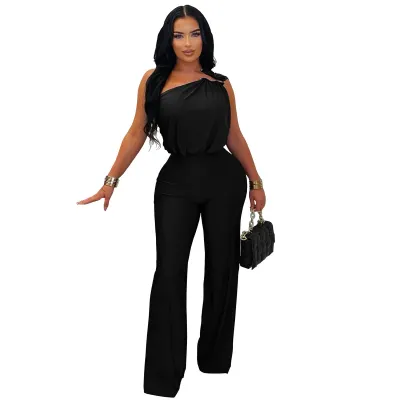 Women Fashion Sexy Solid Color Slanted Shoulder Sleeveless Wide Leg Jumpsuits