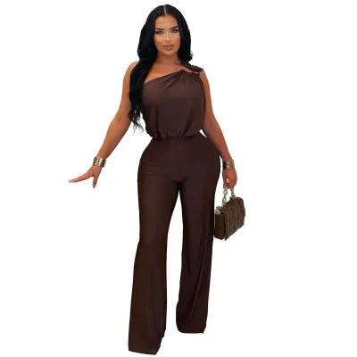 Women Fashion Sexy Solid Color Slanted Shoulder Sleeveless Wide Leg Jumpsuits