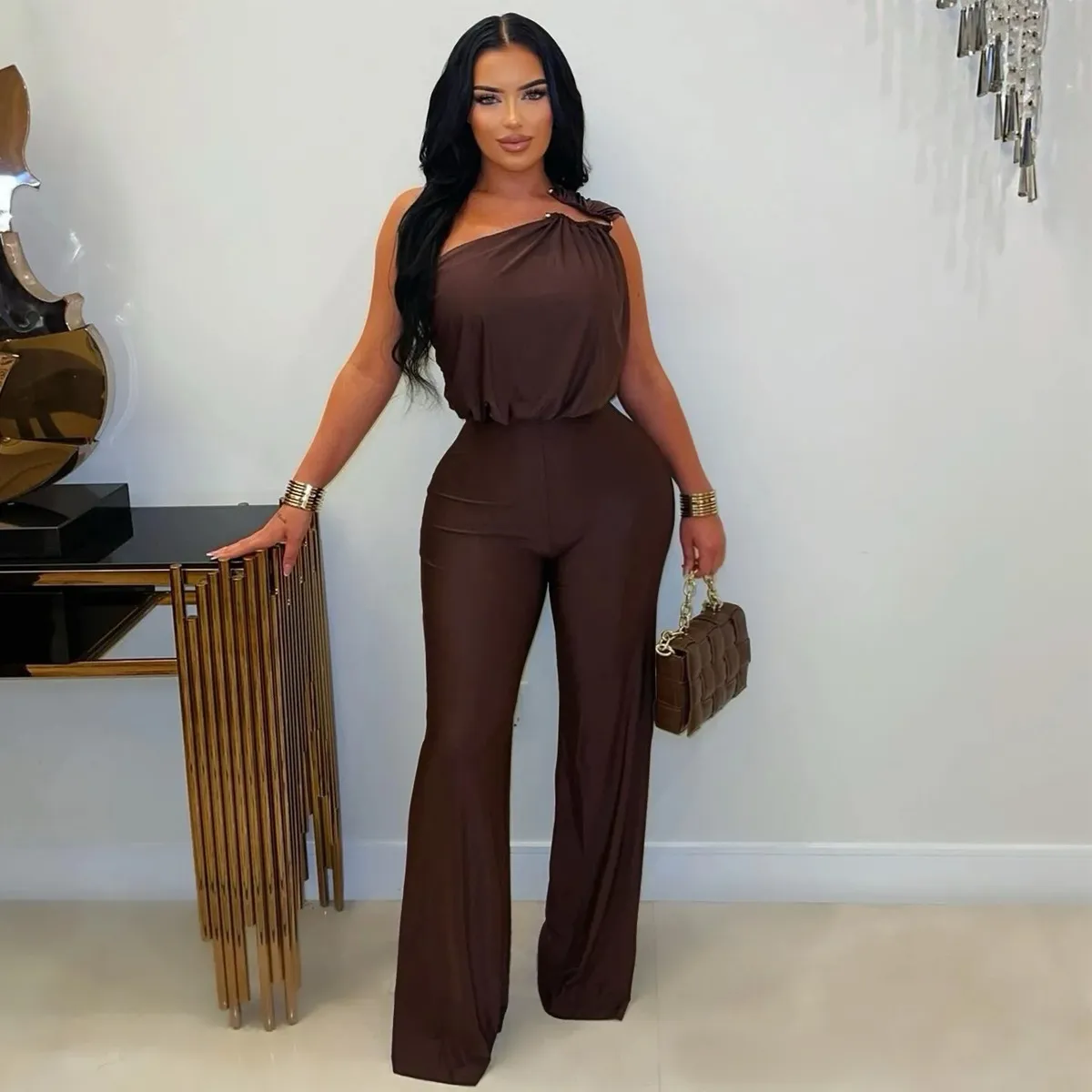Women Fashion Sexy Solid Color Slanted Shoulder Sleeveless Wide Leg Jumpsuits