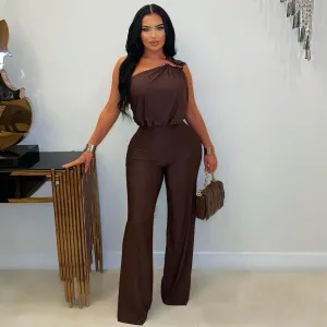 Women Fashion Sexy Solid Color Slanted Shoulder Sleeveless Wide Leg Jumpsuits