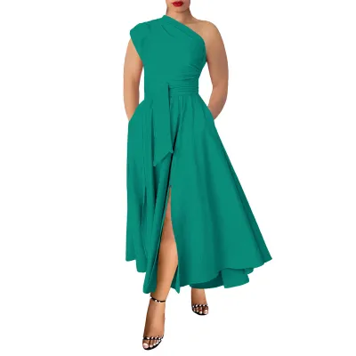 Women Elegant Solid Color Oblique Shoulder Sleeveless High Waist Split Party Dress