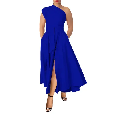 Women Elegant Solid Color Oblique Shoulder Sleeveless High Waist Split Party Dress