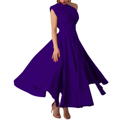 Women Elegant Solid Color Oblique Shoulder Sleeveless High Waist Split Party Dress