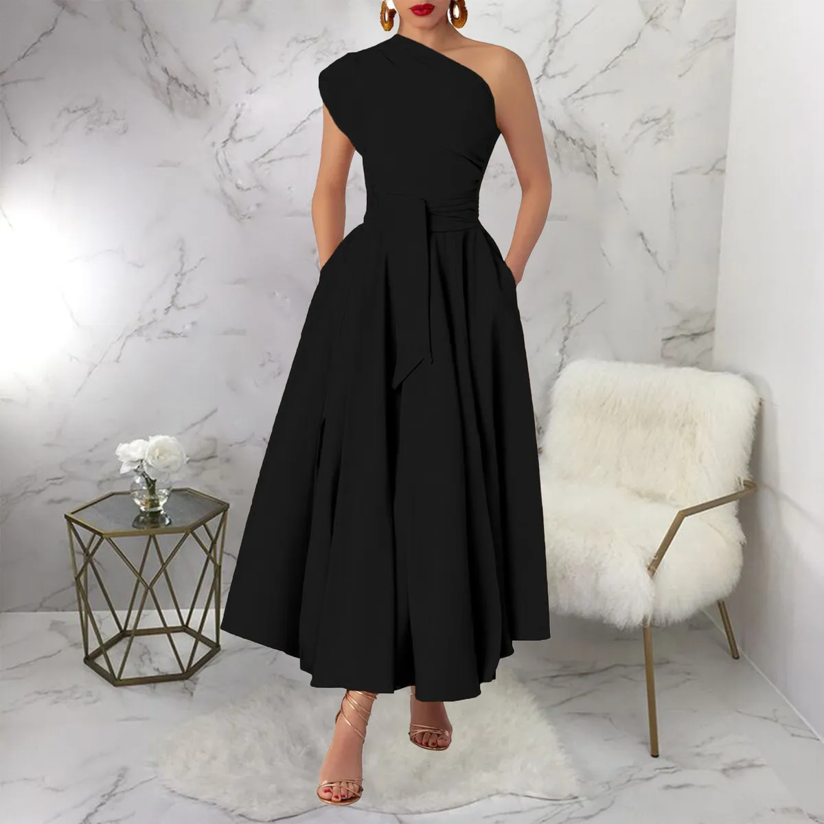 Women Elegant Solid Color Oblique Shoulder Sleeveless High Waist Split Party Dress