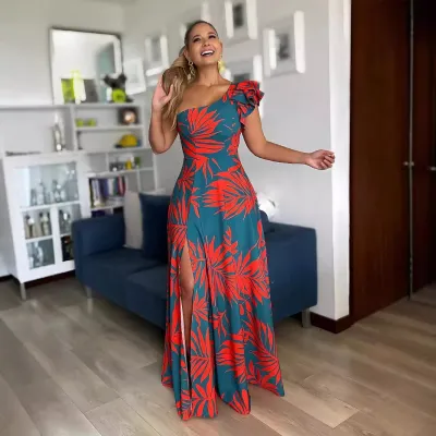 Women Fashion Sexy Printed Slanted Shoulder Short-Sleeve Split Dress