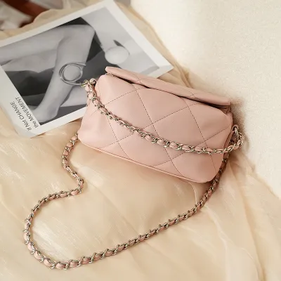 Women Fashion Casual Solid Color Rhomboid Chain Crossbody Bag