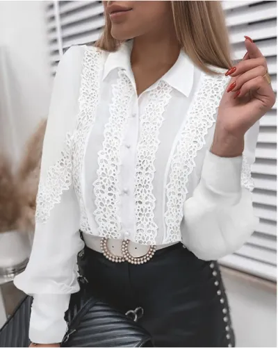 Women Elegant Lace Hollow-Out Blouse Long Sleeve Cardigan Solid Color