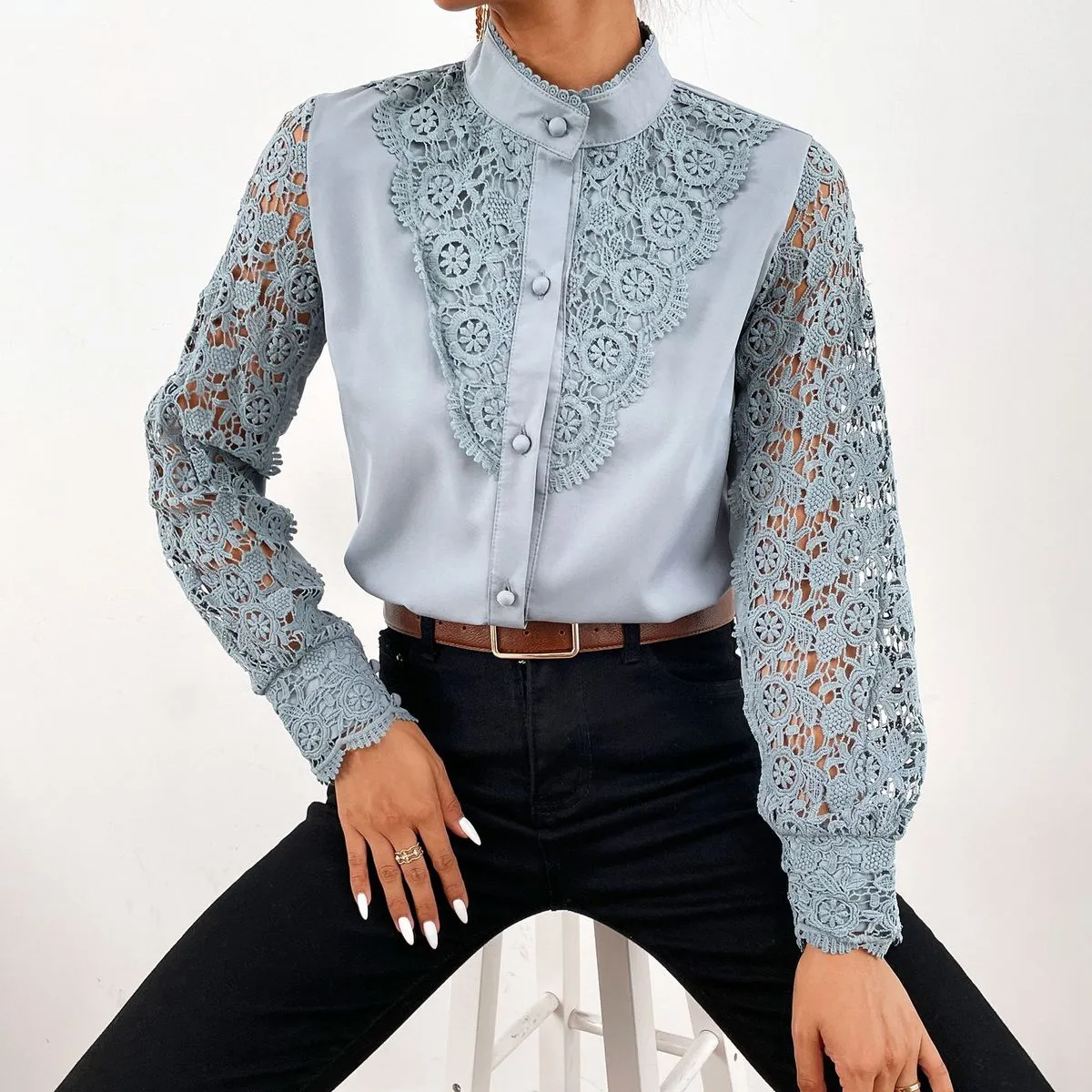 Women Elegant Lace Hollow-Out Blouse Long Sleeve Cardigan Solid Color